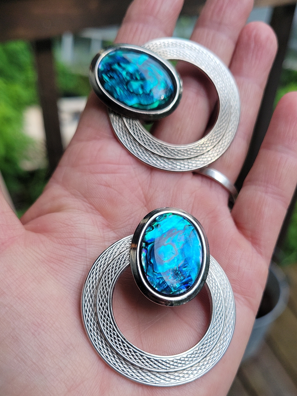Silver Tone Clip on Blue Abalone Oval Drop Earrings